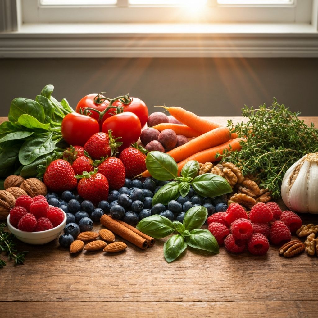 Bahan-bahan alami segar termasuk buah, sayuran, dan rempah-rempah